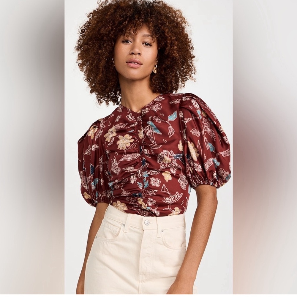 Ulla Johnson Elise Ruched Floral Print Silk Twill Top in Anemone  size 12